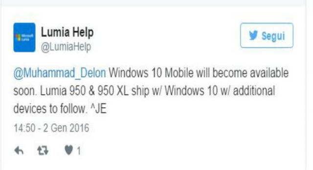 L'annuncio dell'aggiornamento a Windows 10 Mobile