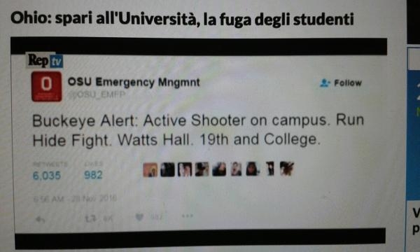 Uno dei messaggi su Twitter in seguito all'avvenimento nel campus a Columbus