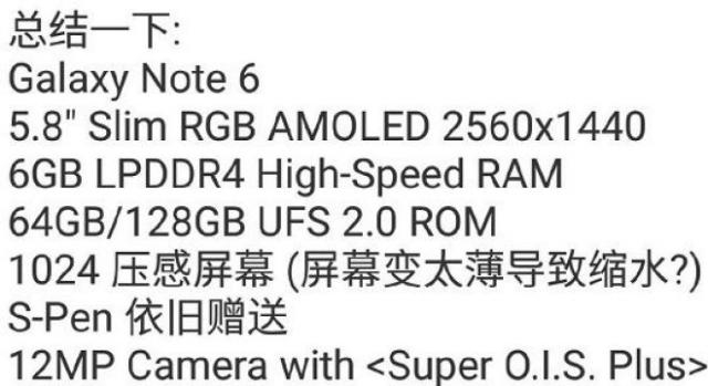 Presunte Specifiche Tecniche Note 6