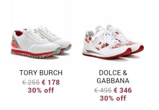 Idee per gli acquisti: sneakers Tory Burch e D & G.
