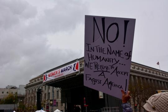 A sign at the San Francisco Women's March. Protesters appeared by the hundreds of thousands on Saturday to make their voices heard on women's rights.