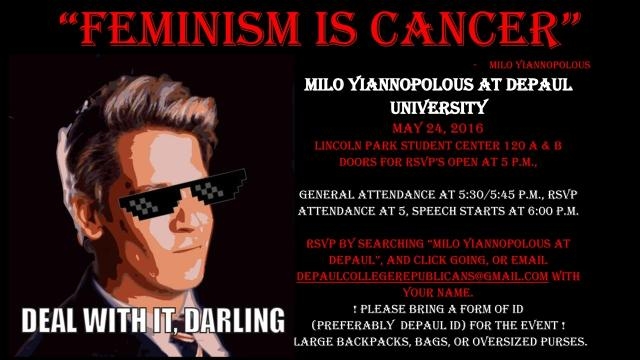 Cartel anunciador de una de las conferencias ultras que dio Milo Yiannopoulos para atacar temas como el Feminismo.