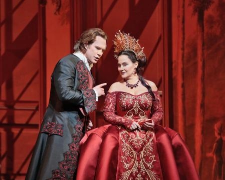 Foreign Princess (Katarina Dalayman)—who talks—captivates Prince (Brandon Jovanovich). Photo: Ken Howard/Metropolitan Opera, used with permission.