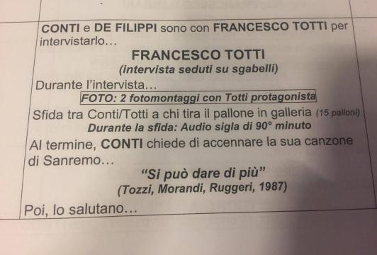 Scaletta di Totti a Sanremo 2017