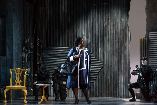 Queen Isabella (Helena Brown), the Voice of Reason, intervenes for Calais. Photo: Karli Cadel/The Glimmerglass Festival, used with permission.