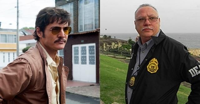A sinistra, l'attore Pedro Pascal nei panni dell'Agente Pena, a destra, il vero Pena