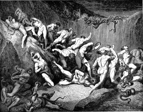 ICU psychosis made me one of these thieves being tortured by serpents in Gustsave's engraving of Dante's Inferno. [Image via Wikipedia Commons]
