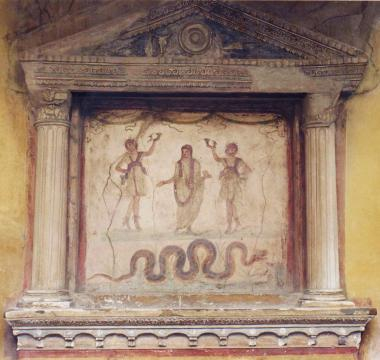 Representación pictórica de un altar durante estas Compitalia romanas