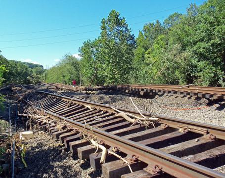Railway tracks damaged in New York from flooding due to Hurricane Irene. - [Image credit – Daniel Case, Wikimedia Commons]