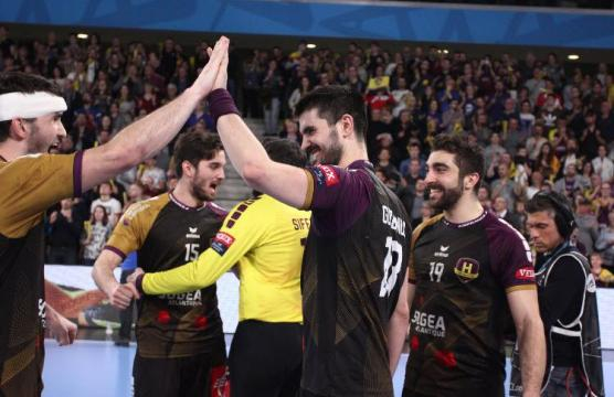 La joie du HBC Nantes lors du match face aux biélorusses de Brest après leur victoire.