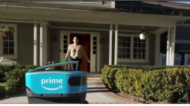 Amazon self-driving delivery robots. [Image source/WTHR YouTube video]