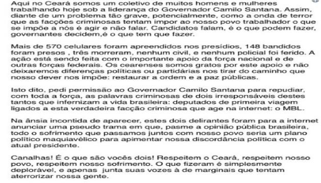 A nota de repúdio de Ciro Gomes ao deputados Kim Kataguiri e Arthur Moledo do Val, integrantes do MBL - Foto/Reprodução: Twitter