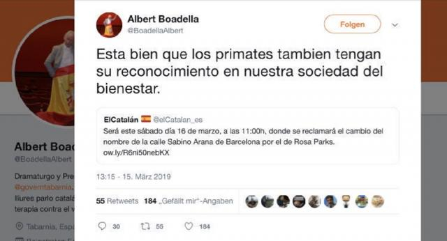 Otro polémico tuit de Boadella llamando primate a Rosa Parks, aunque él quería decírselo al fundador del PNV.