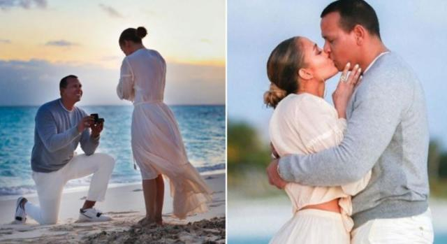 Jennifer Lopez assieme al nuovo compagno Alex Rodriguez, che gli sta facendo la proposta di matrimonio